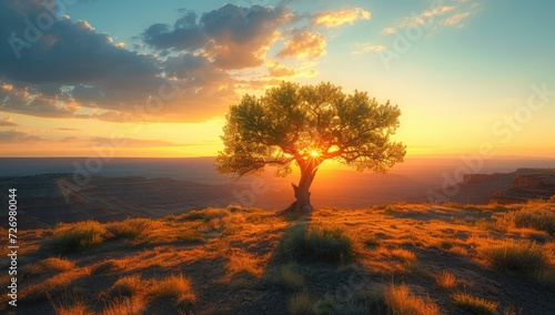 Solitary tree illuminated by sunset in a vast meadow