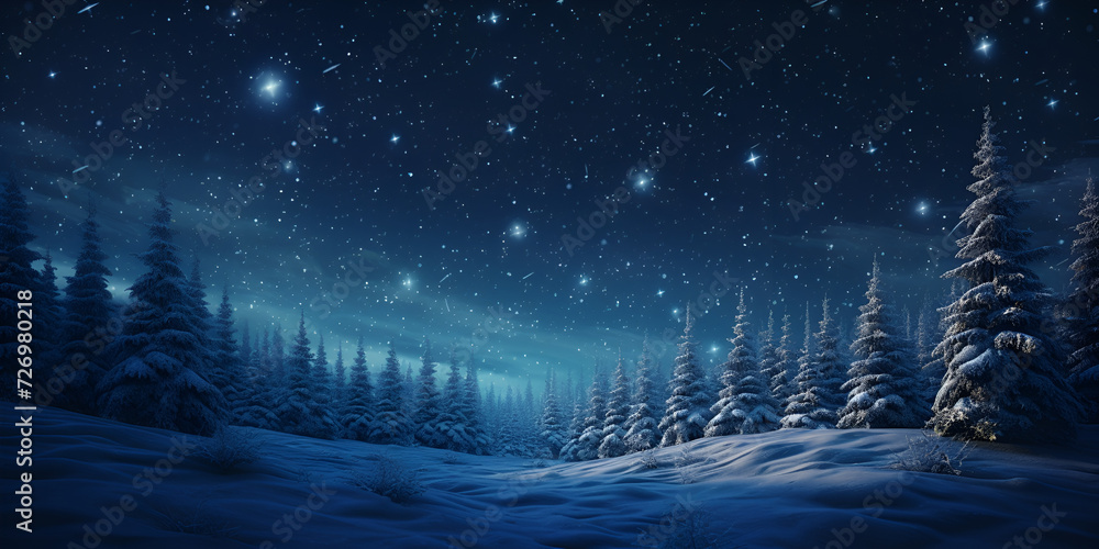 Fantasy background with Christmas night Winter forest with fantastic moon and stars lights Christmas background Snow Night Background 
  