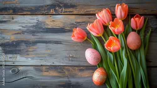Bouquet of spring tulips and hand colored easter eggs on wooden background. Springtime holiday, copy space, generative ai photo