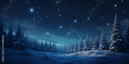 Fantasy background with Christmas night Winter forest with fantastic moon and stars lights Christmas background Snow Night Background 