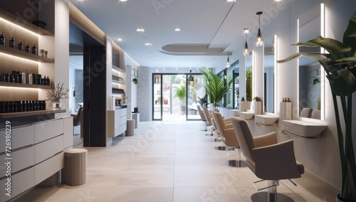 Modern barbershop interior with elegant furniture and lighting