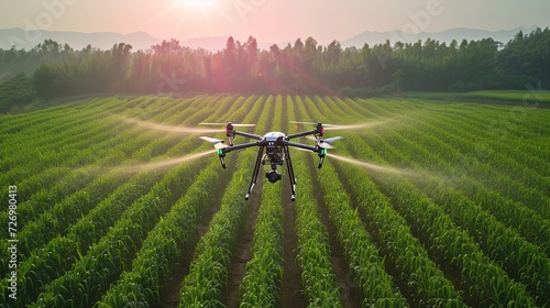 Smart farmer uses drone for various fields such as research analysis, land scanning technology, smart technology concept. photo