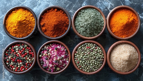 Various spices in bowlsle table, top view. Food background