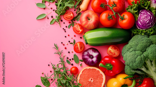 Frame from healthy vegetables on pastel pink background, top view