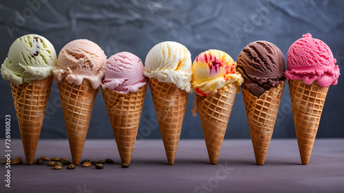 Variety of ice cream cones, generative ai