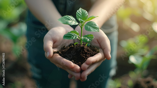 Plant in Hands.Ecology concept. Nature Background, generatve ai
