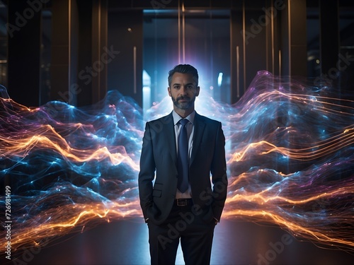 businessman in a suite surround hologram technology