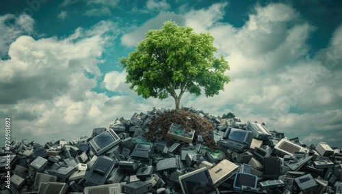 Tree growing from a pile of computer waste. Concept of ecology.