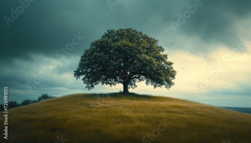Lonely tree on the meadow with dark clouds in the background
