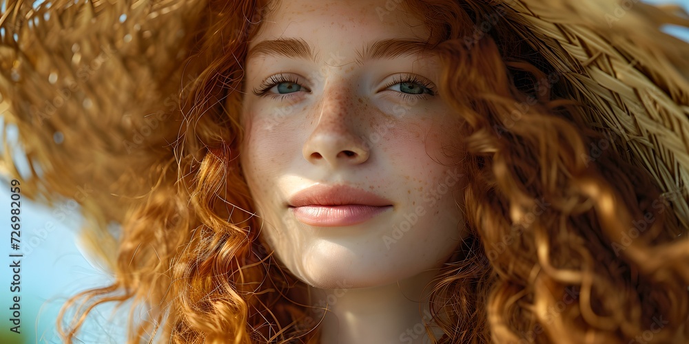 Serene redhead woman gazing forward, natural light portrait. close-up shot, fashion and beauty concept. outdoor, summer vibes with a rustic feel. AI