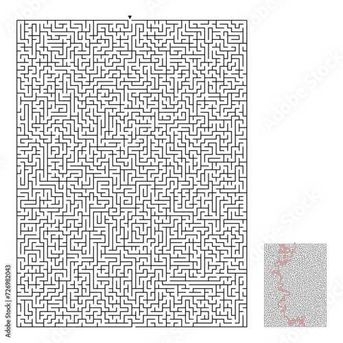 Difficult rectangular maze. Hard vector labyrinth. Education puzzle with solution. A game for logic find a right way.  Complicated  brain teaser  for brain training