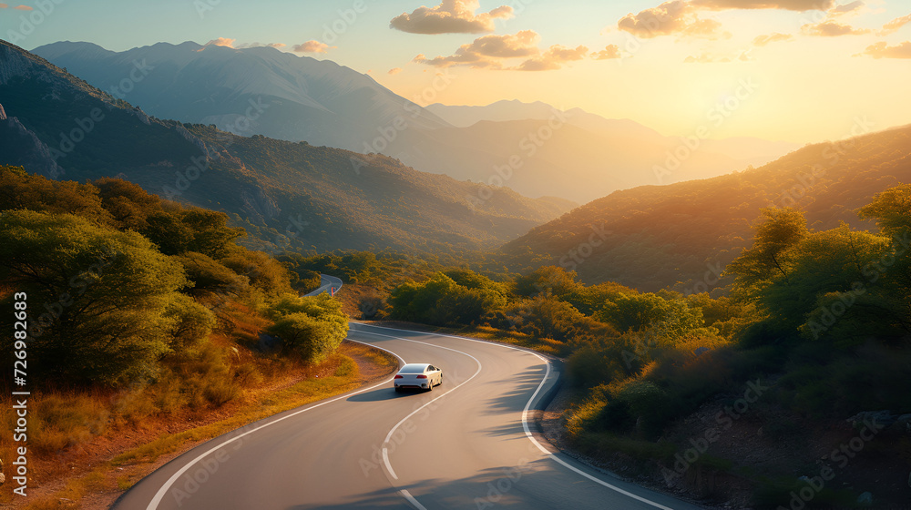 rental car in spain mountain landscape road at sunset. generative ai - obrazy, fototapety, plakaty 