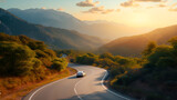 rental car in spain mountain landscape road at sunset. generative ai