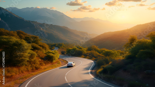 rental car in spain mountain landscape road at sunset. generative ai