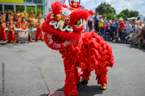 Obraz na płótnie Chinese New Year lion dance. Free to public street performance. Unrecognizable audience and performers in the background. Auckland. w salonie