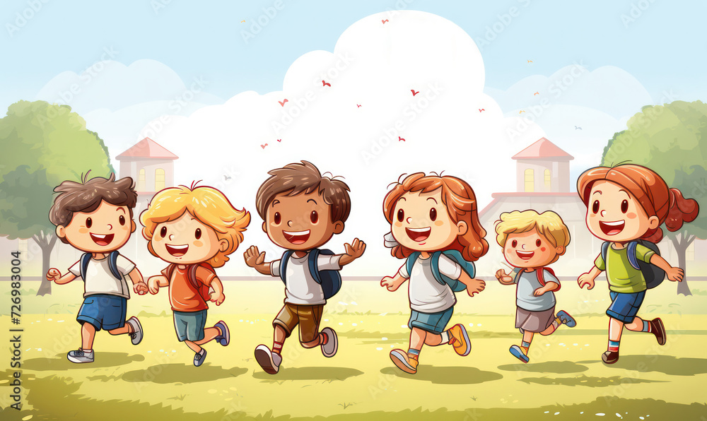 Illustration of Children with backpacks running excitedly towards school on a sunny day Illustration of Children with backpacks running excitedly towards school on a sunny day