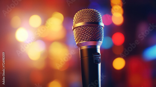 Microphone head, with colorful bokeh background suggesting a live performance or event