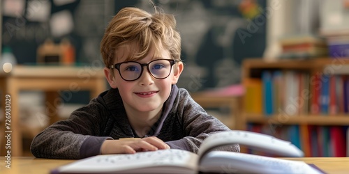 Smiling boy with glasses engaged in learning at a school library. candid child portrait with academic focus. educational imagery for diverse use. AI photo