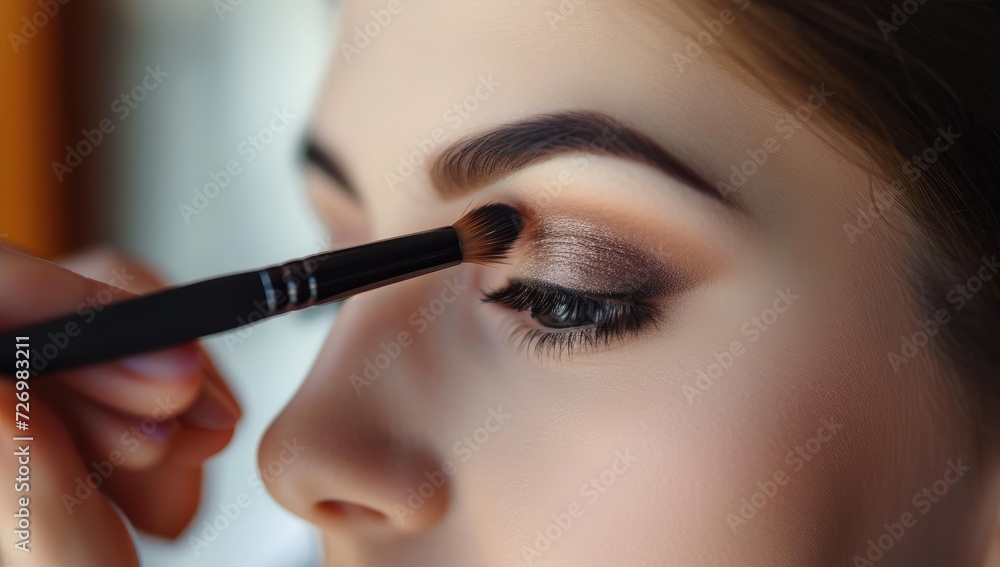 Make-up artist applying mascara on eyelashes of young beautiful woman