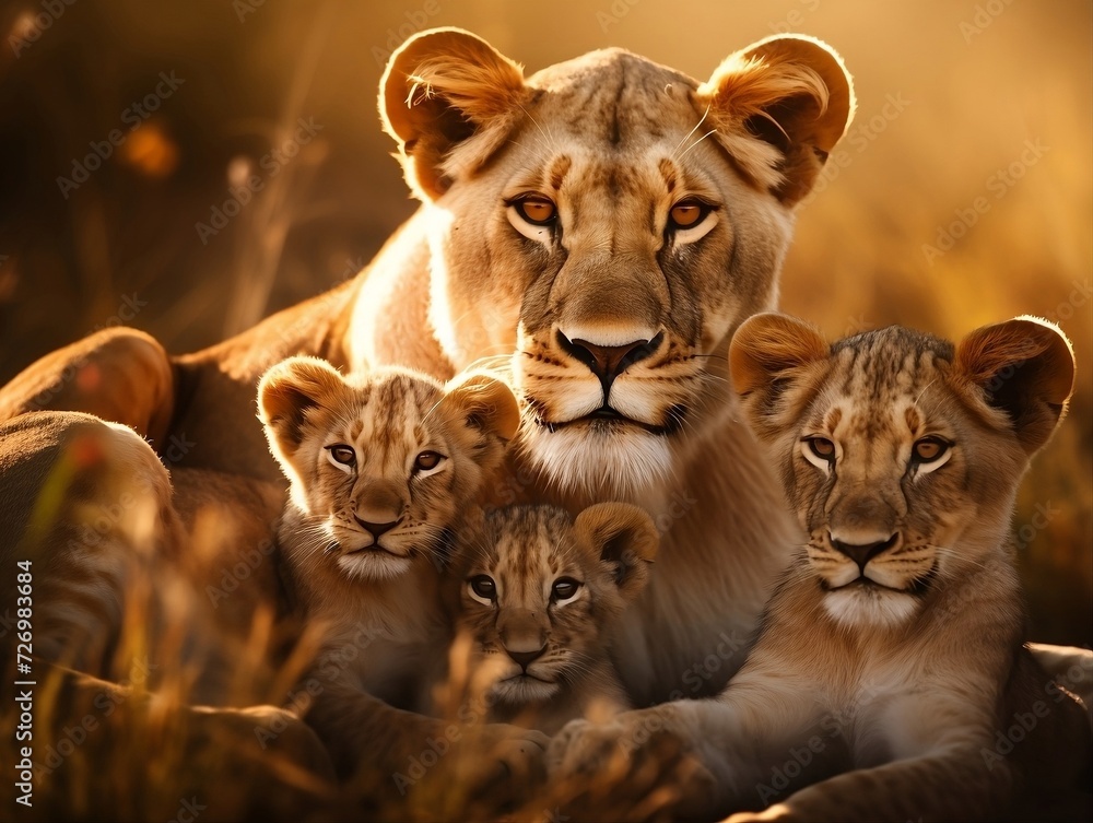 Lions family with cubs lying down in a grassy field in the jungle Lions family with cubs lying down in a grassy field in the jungle