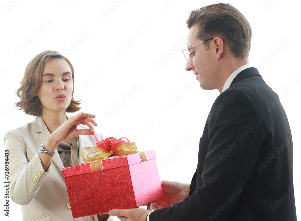 Businessman surprise and give red gift box birthday for businesswoman in office for Birthday. Christmas,Happy new year and Valentine,s Day concept Businessman surprise and give red gift box birthday for businesswoman in office for Birthday. Christmas,Happy new year and Valentine,s Day concept