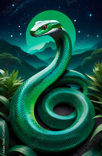 Зелёная змея на фоне гор и звёздного неба. Символ года по восточному календарю. 