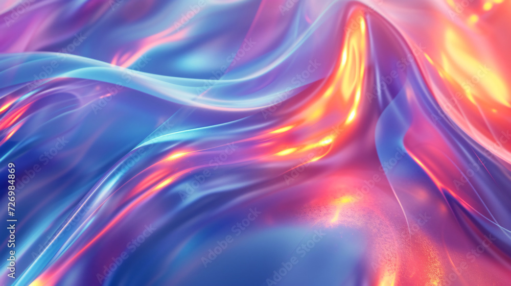 Colorful abstract wavy, flowing liquid texture in shades of pink, purple, and blue. The background appears to be made of holographic glass, shiny and reflective Colorful abstract wavy, flowing liquid texture in shades of pink, purple, and blue. The background appears to be made of holographic glass, shiny and reflective