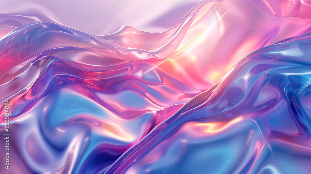 Colorful abstract wavy, flowing liquid texture in shades of pink, purple, and blue. The background appears to be made of holographic glass, shiny and reflective Colorful abstract wavy, flowing liquid texture in shades of pink, purple, and blue. The background appears to be made of holographic glass, shiny and reflective
