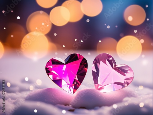 Two gemstones or sapphires, cristal, quarts Hearts, On winter snow floor top, couple, love, valentine, jewelry symbol © Pradeep leo