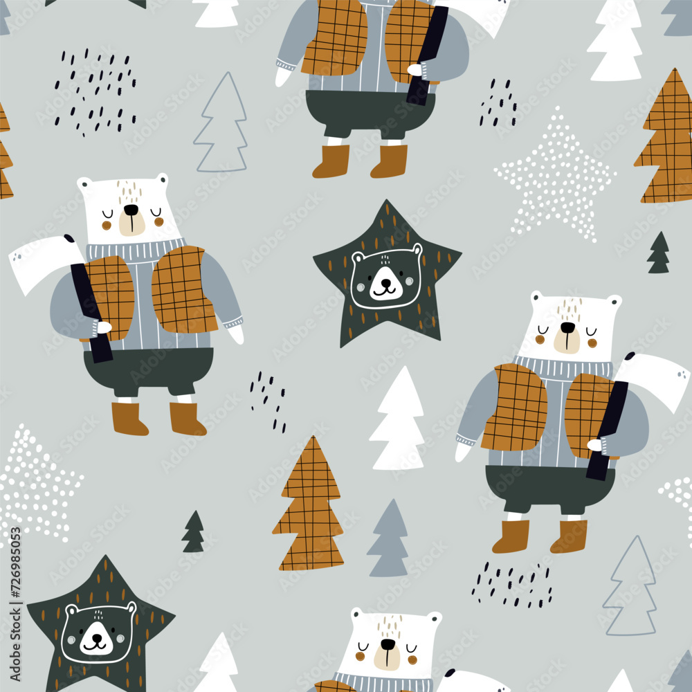 Creative childish pattern with bear forester. Seamless vector woodland texture. Great for fabric, wallpaper, textile. Creative childish pattern with bear forester. Seamless vector woodland texture. Great for fabric, wallpaper, textile.