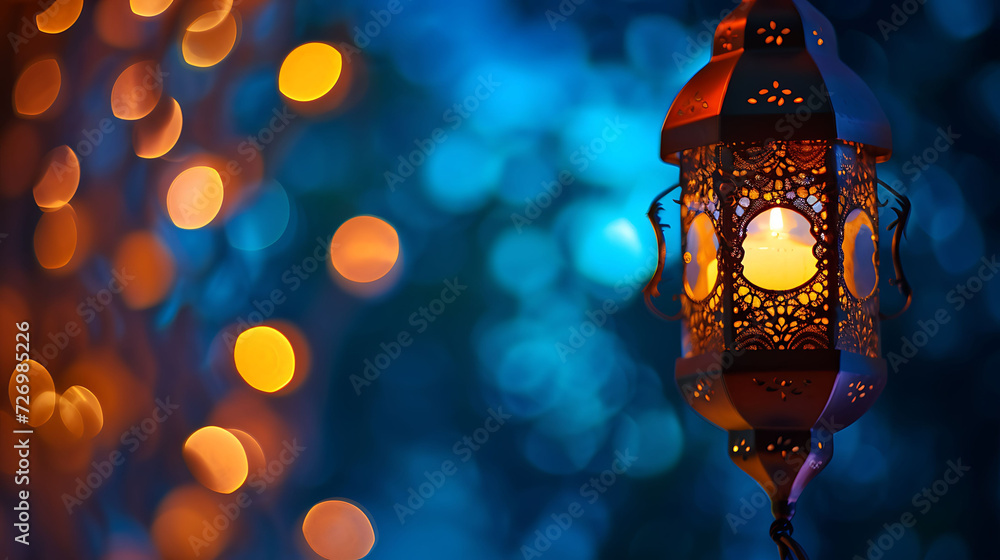 Hanging Ornamental Arabic lantern glowing at night invitation for Muslim holy month Ramadan Kareem Hanging Ornamental Arabic lantern glowing at night invitation for Muslim holy month Ramadan Kareem