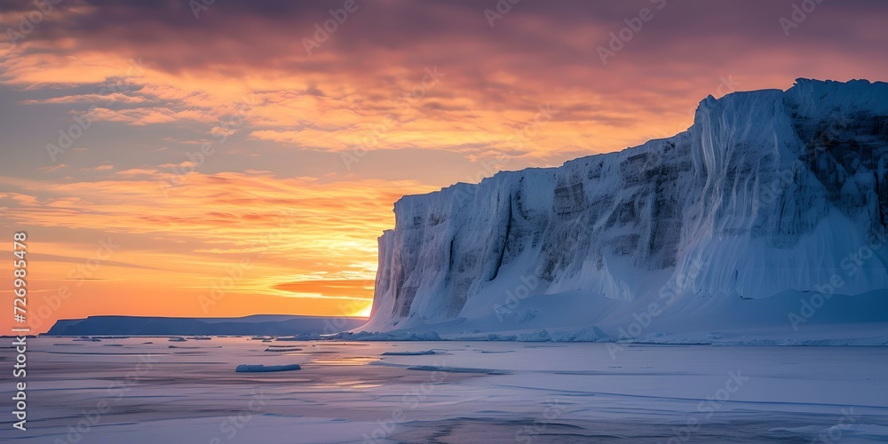 Stunning ice cliffs at sunset, a serene arctic landscape. tranquil nature scene, great for backgrounds or wall art. perfect for relaxation and meditation themes. AI