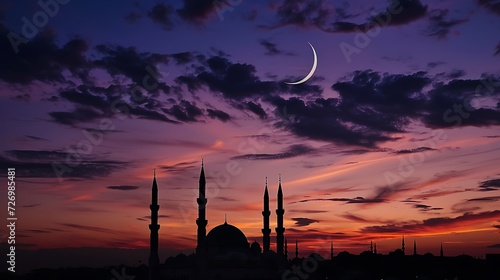 islamic background of silhouette islamic mosque at night with moon on blue sky