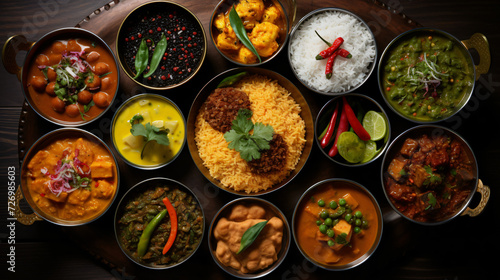 Assorted Indian curry and rice dishes shot.