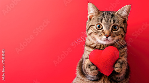 Cute tabby cat with striking eyes holding a red heart, representing love and affection on a pink background.