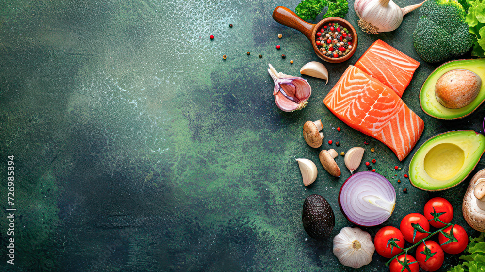 Top view of a nutritious meal setup with sliced avocado, raw salmon, almonds, and fresh spinach leaves on a green background.