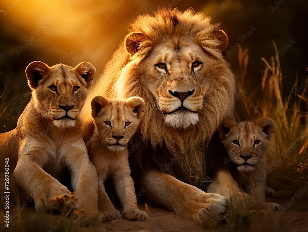 Lions family with cubs lying down in a grassy field in the jungle Lions family with cubs lying down in a grassy field in the jungle