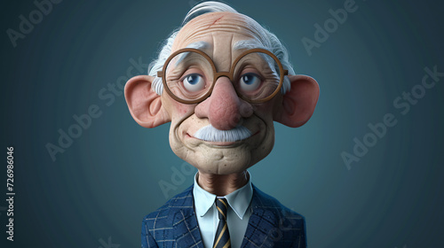 A charming, distinguished elderly man with a monocle exudes sophistication in this vibrant 3D headshot. Dressed in a sleek slate blue suit, his captivating smile showcases his timeless elega