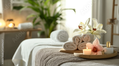 Beauty treatment items for spa procedures. Massage stones, essential oils and sea salt