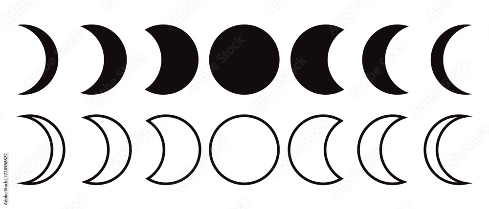 Moon phases astronomy icon silhouette symbol set. Full moon and crescent sign logo. Vector illustration. Isolated on white background. - obrazy, fototapety, plakaty 