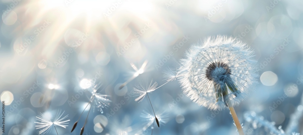 Obraz premium dandelion wind, in the style of light white and sky-blue