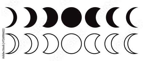 Moon phases astronomy icon silhouette symbol set. Full moon and crescent sign logo. Vector illustration. Isolated on white background.