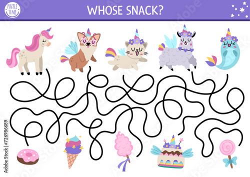 Unicorn maze for kids with fantasy animals with horns and dessert snacks. Magic world preschool printable activity with cat, dog, llama, narval, sweets. Simple fairytale labyrinth game, puzzle
