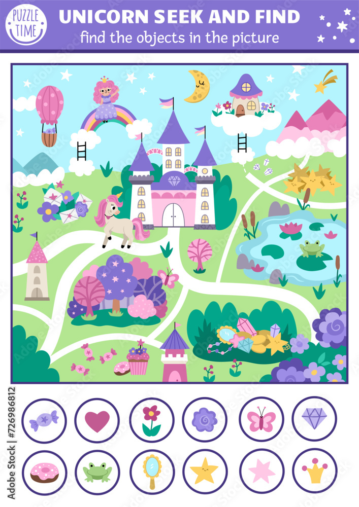 Unicorn vector searching game with magic village landscape. Spot hidden objects. Simple fantasy or fairytale world seek and find printable activity for kids with castle, rainbow, fairy, treasures.