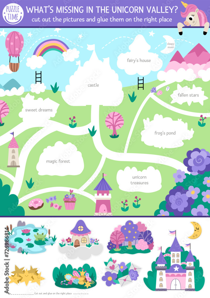 Vector unicorn cut and glue activity. Crafting game with cute magic village landscape map. Fairytale printable worksheet for children. Find the right piece of the puzzle. Complete the picture.