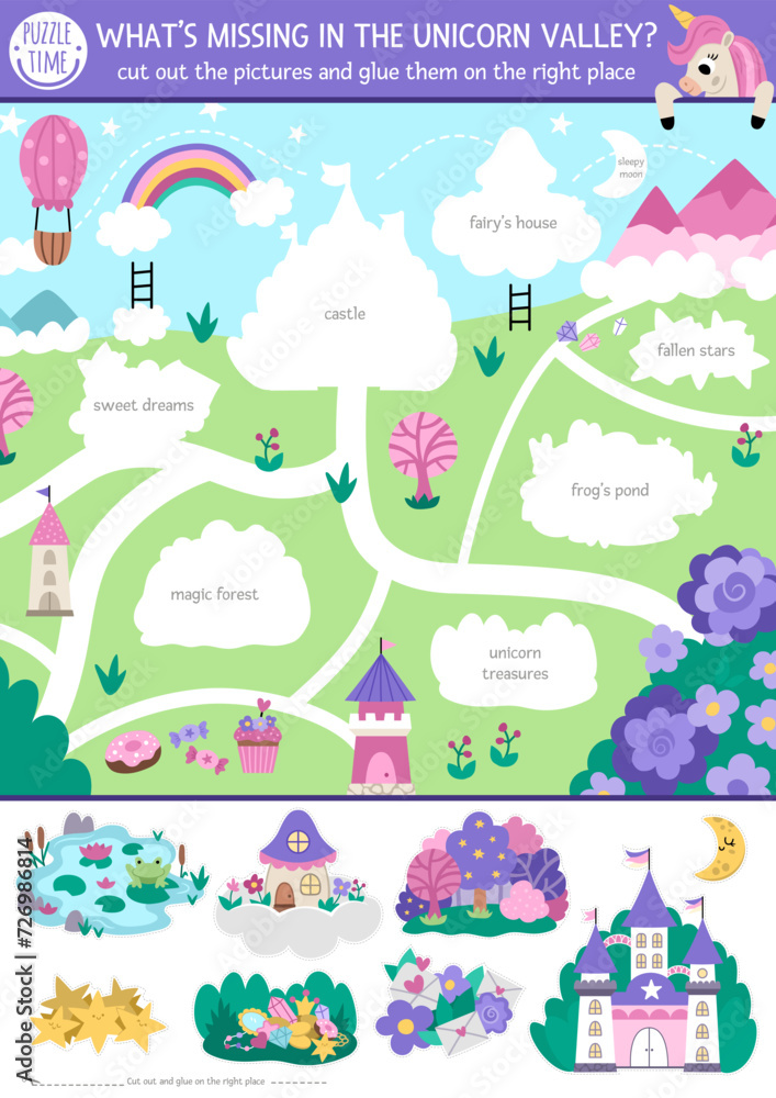 Vector unicorn cut and glue activity. Crafting game with cute magic village landscape map. Fairytale printable worksheet for children. Find the right piece of the puzzle. Complete the picture. Vector unicorn cut and glue activity. Crafting game with cute magic village landscape map. Fairytale printable worksheet for children. Find the right piece of the puzzle. Complete the picture.