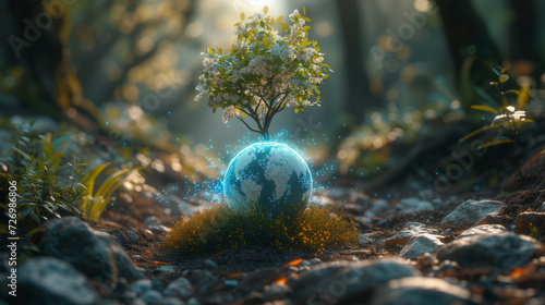 blue holographic globe ball with tree growing and green nature blur background. eco earth day and healthy environment concept