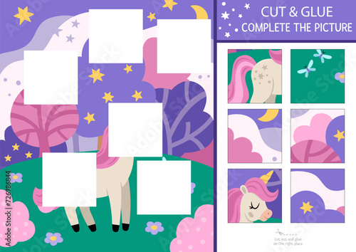 Vector unicorn cut and glue activity. Fairytale crafting game with cute animal, magic forest landscape. Fill up the scene with square sticker. Find the right piece of puzzle. Complete the picture.