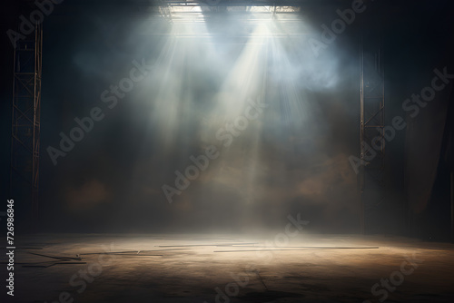 An empty stage lit up by spotlights and surrounded by smoke, with space for messages or logos in stage background.	 photo