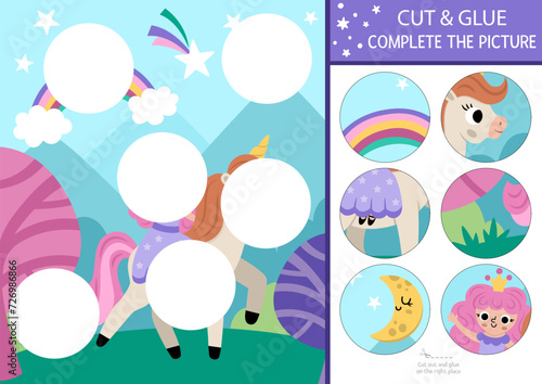 Vector unicorn cut and glue activity. Fairytale crafting game with cute fairy, magic forest landscape. Fill up the scene with round sticker. Find the right piece of puzzle. Complete the picture.